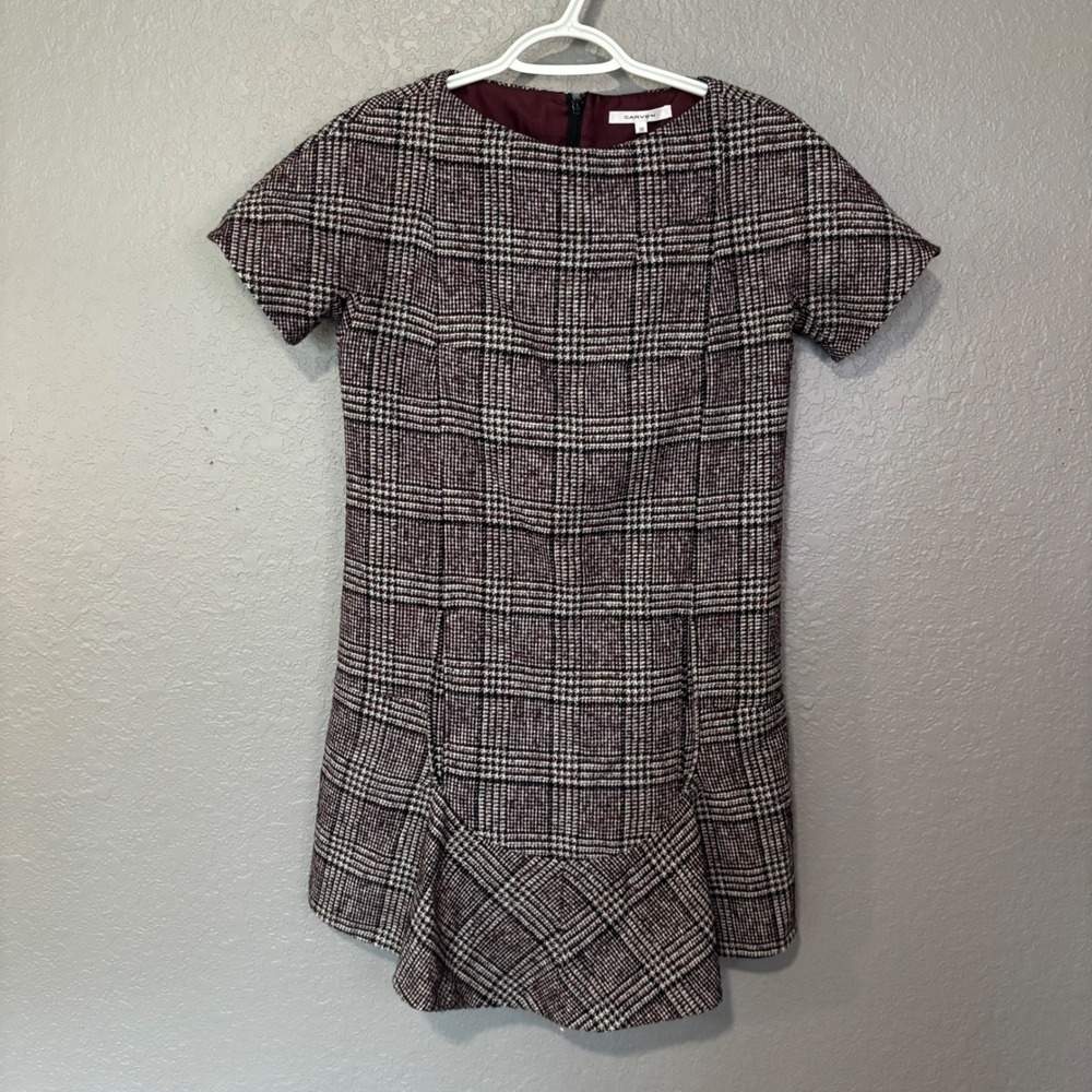 Carven Paris Burgundy Plaid Wool Blend Drop Waist Mini Dress 38